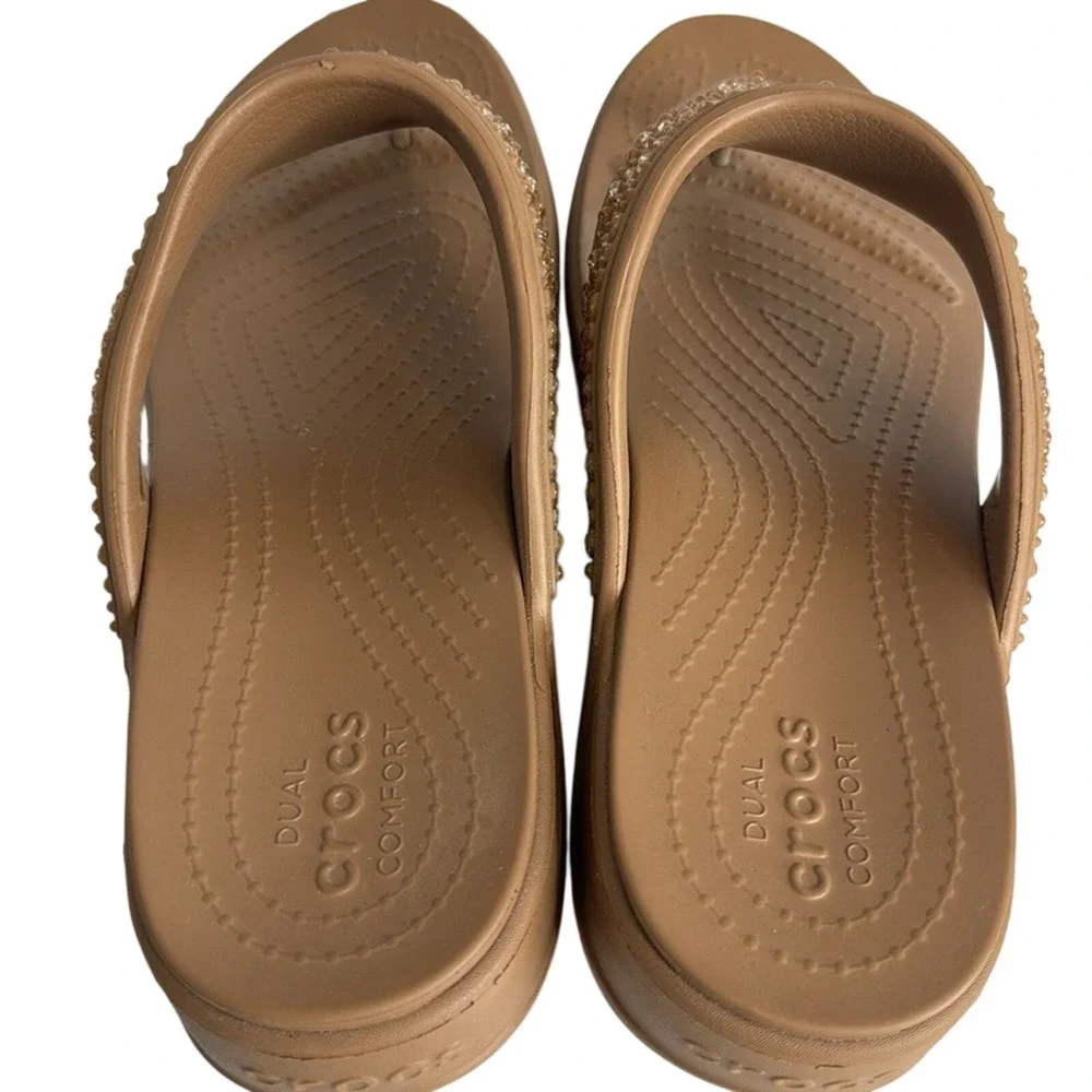 Crocs Women's Monterey Shimmer Wedge Flip Sandals Tan Size 11